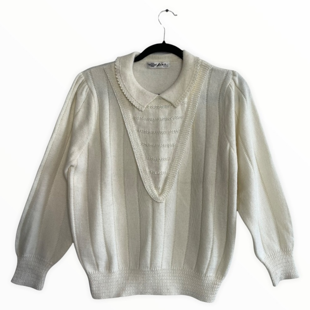 Vintage Anna Cream Eyelash Collared Sweater Size Small